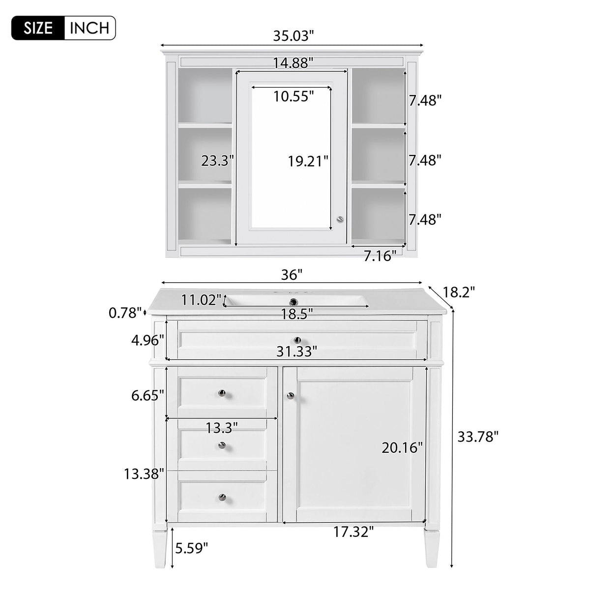 Bathroom Vanity With Mirror Cabinet and Single Sink - Soft-Closing Doors