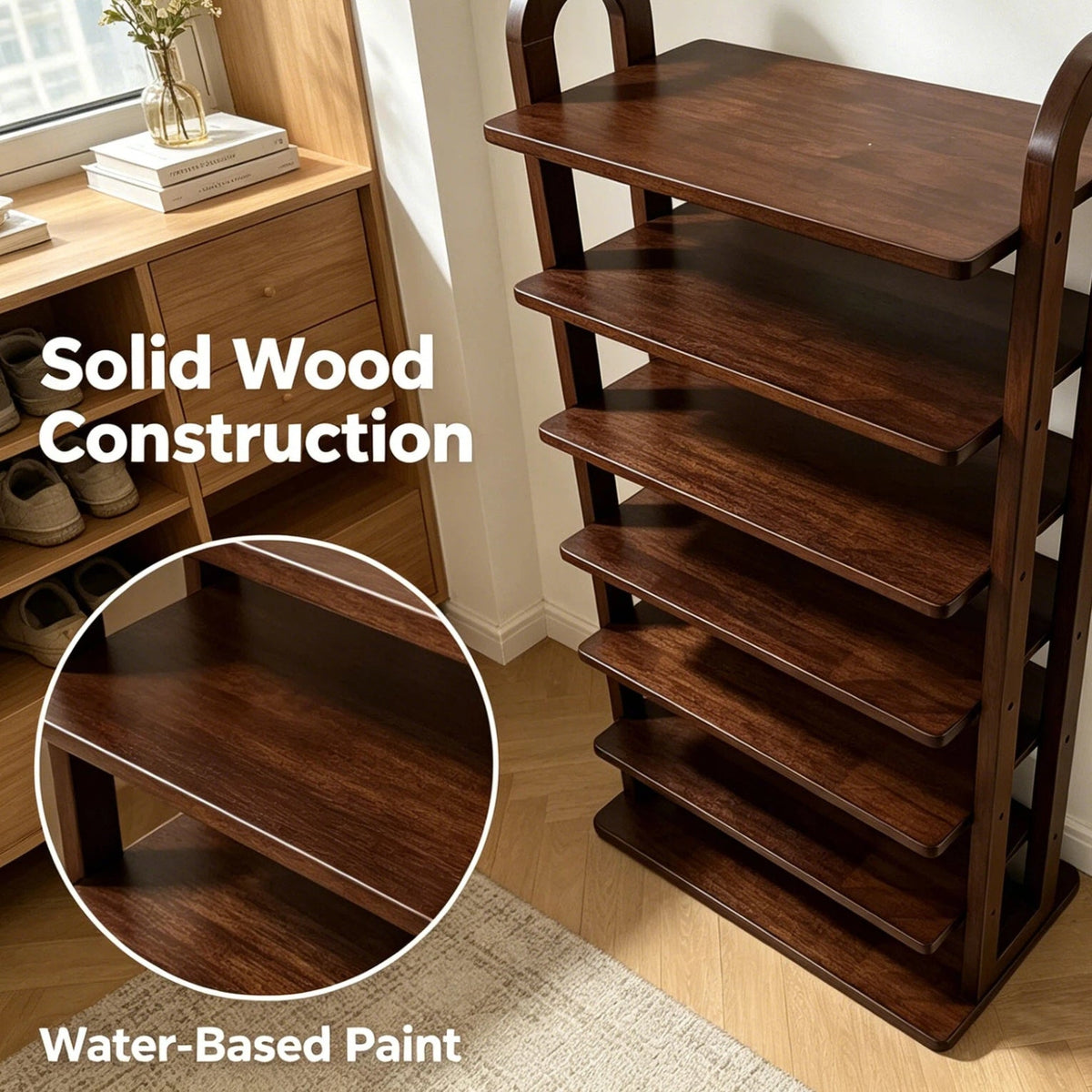 Solid Wood 7-Tier Shoe Rack with Vertical Organizer - Natural Wood