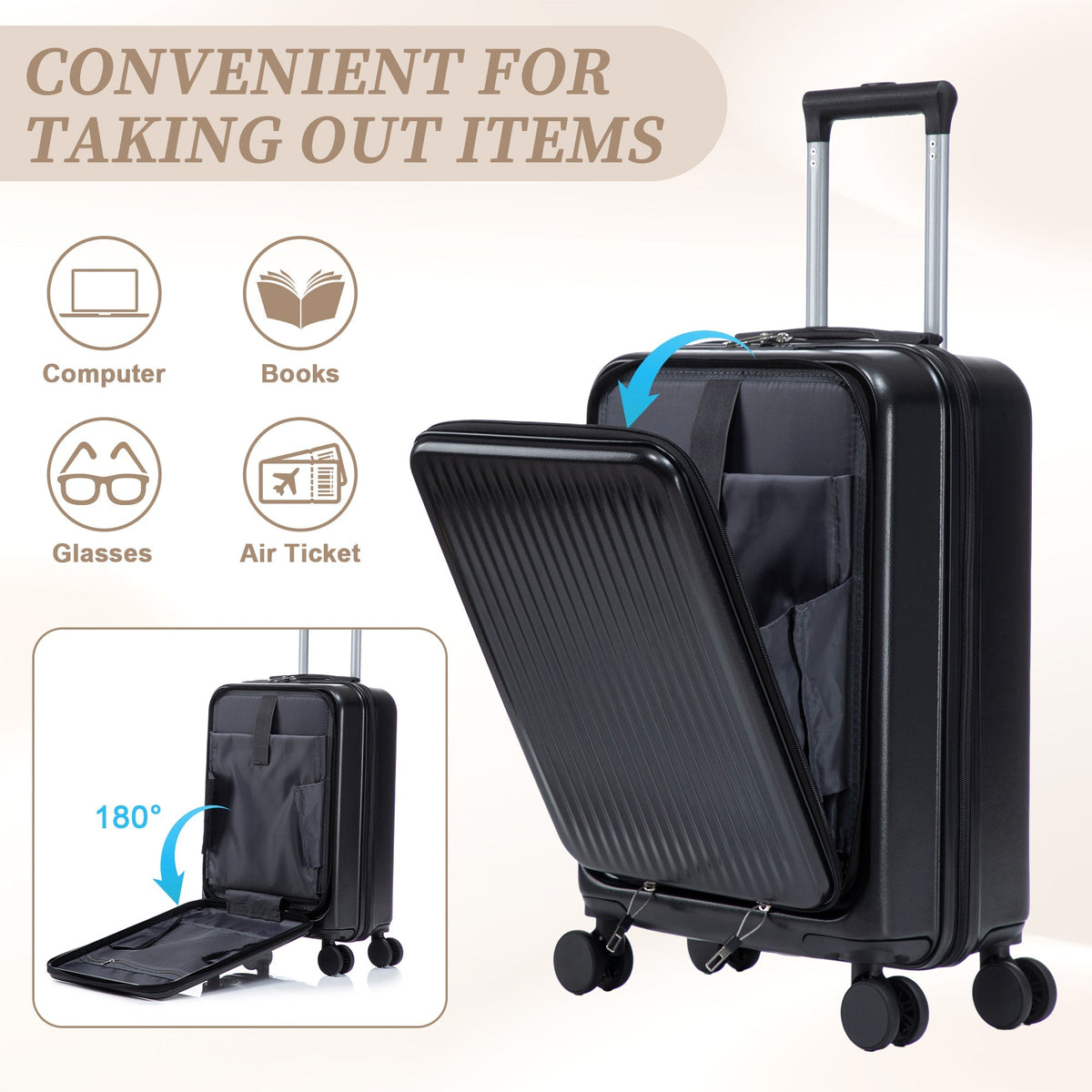 ABS Spinner Wheel Luggage Set with Cosmetic Case - Black
