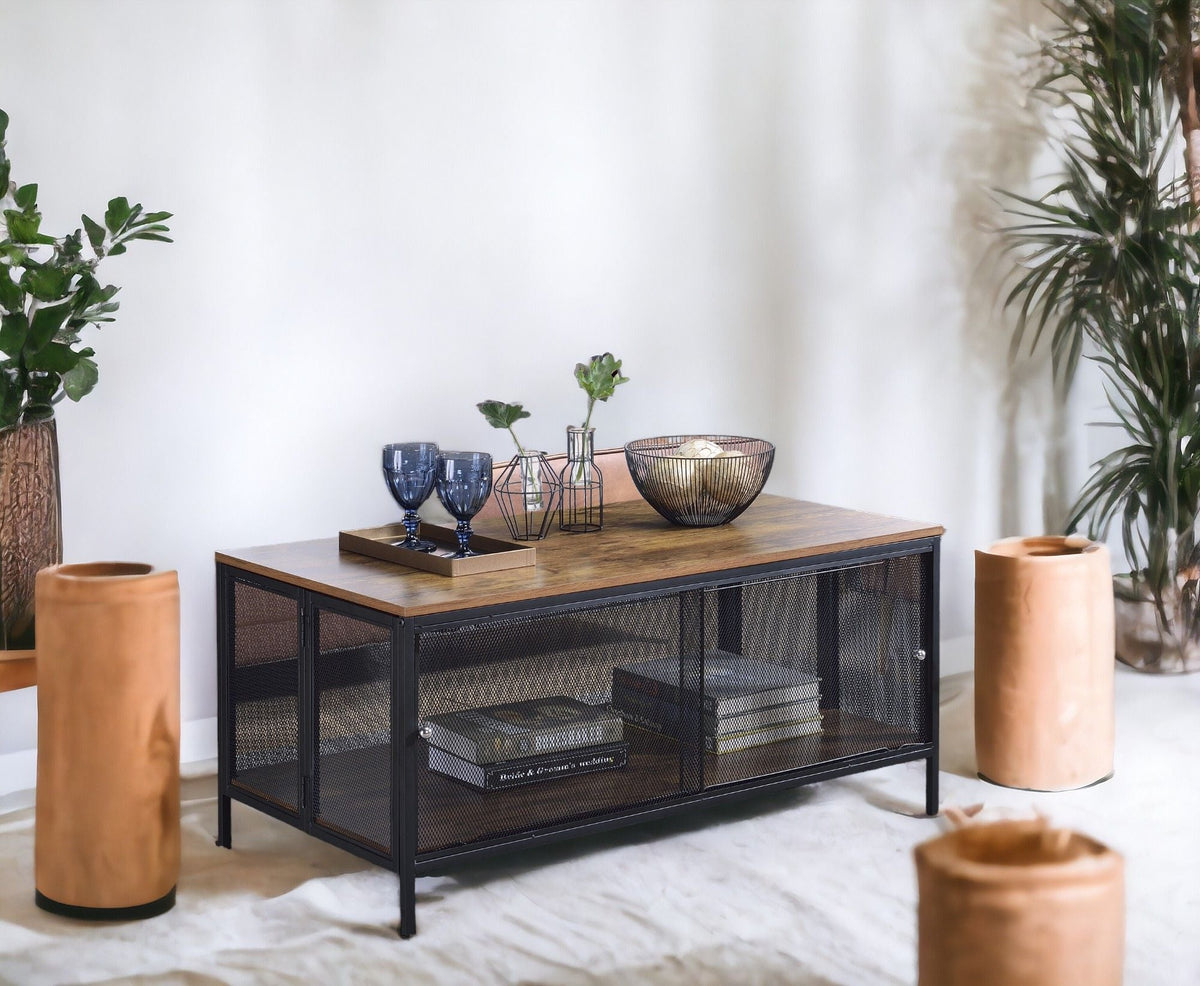 Antique Oak Coffee Table with Storage Compartment - Black