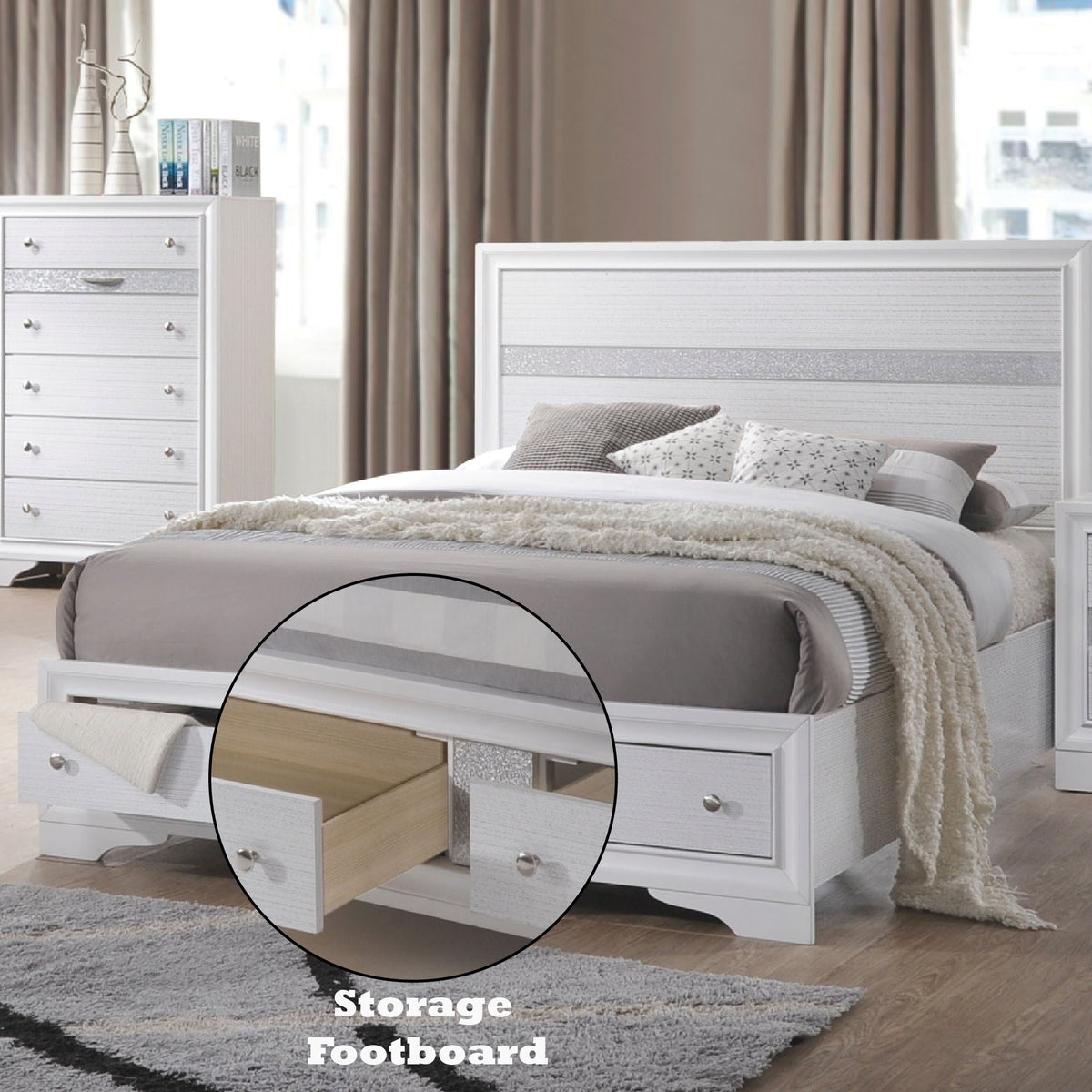 Naima Elegance Queen Panel Bed with Optional 2-Drawer Storage - White