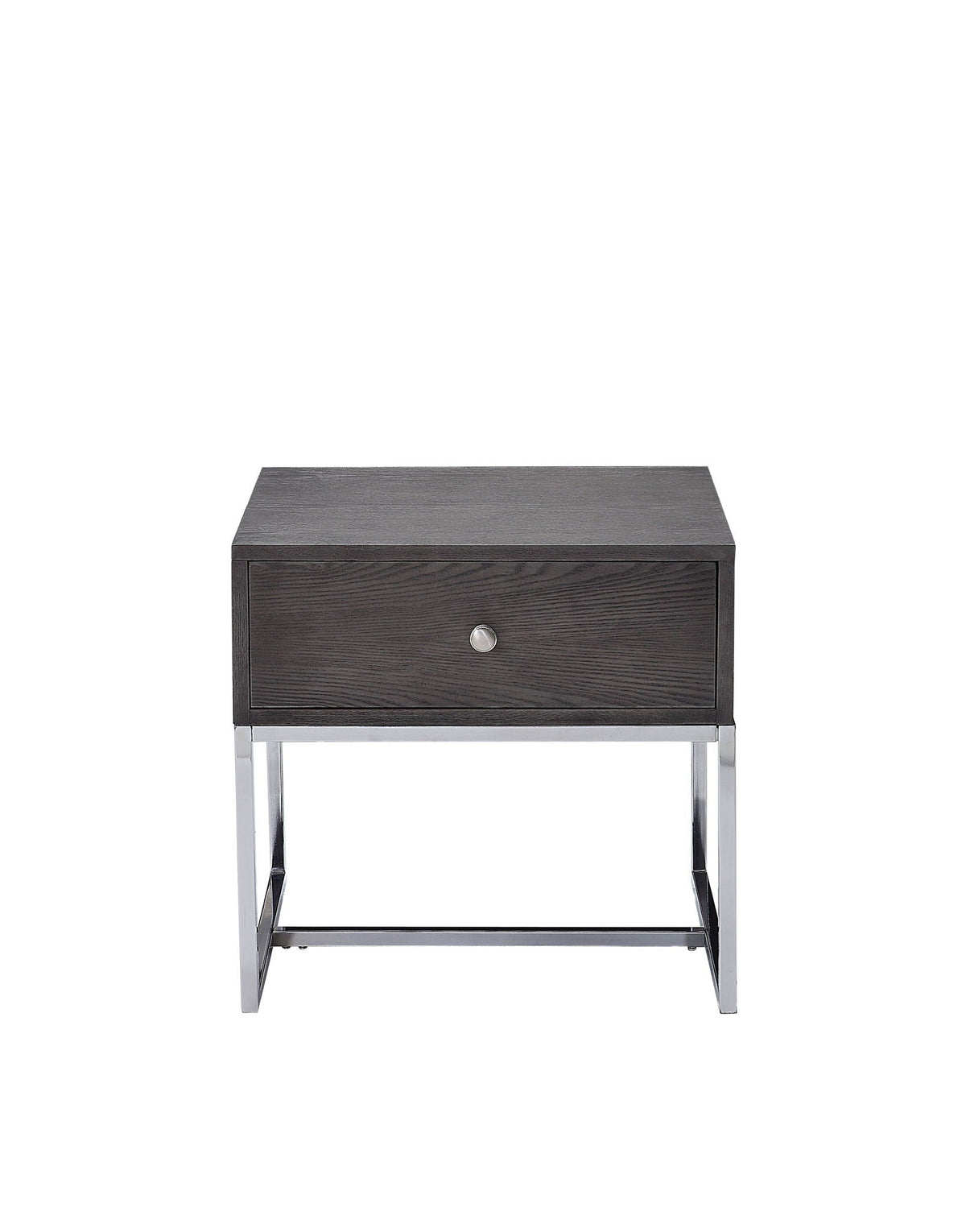 Gray Oak End Table with Felt-Lined Drawer and Chrome Base