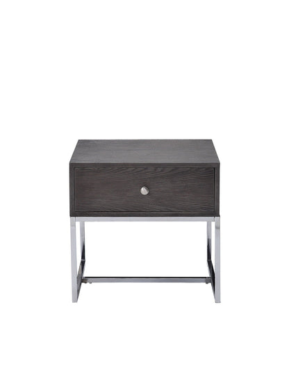 Gray Oak End Table with Felt-Lined Drawer and Chrome Base