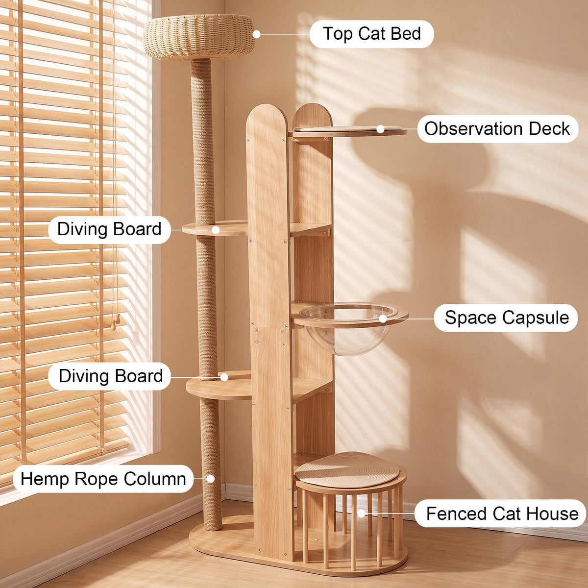 Multi-Level Wood Cat Tree Tower with Sisal Scratching Post - Natural Wood