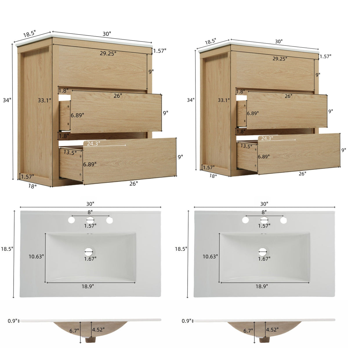 Double Sinks Bathroom Vanity Set with Ceramic Basins - Wood