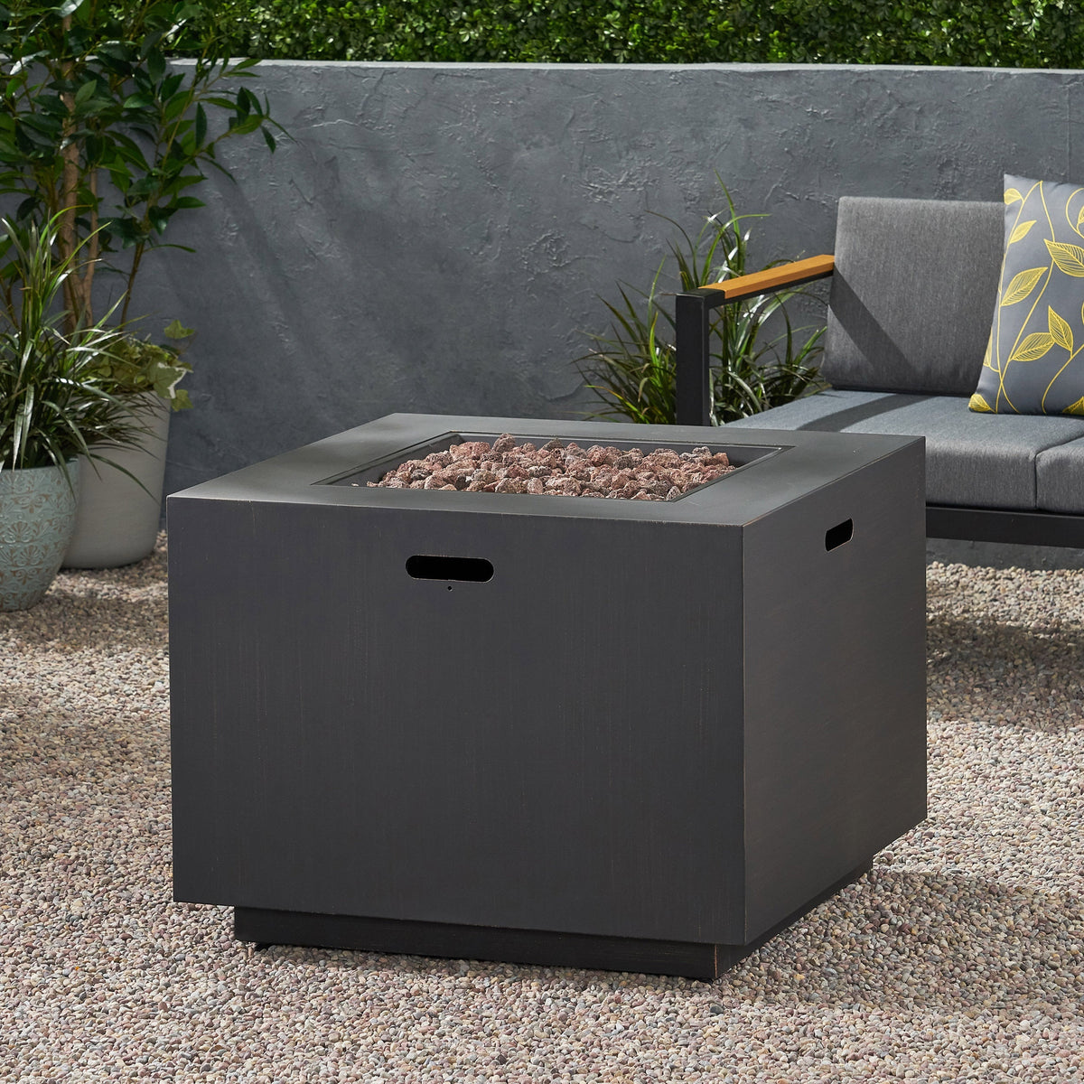 Outdoor Iron Square Propane Fire Pit with 50,000 BTU - Brushed Brown