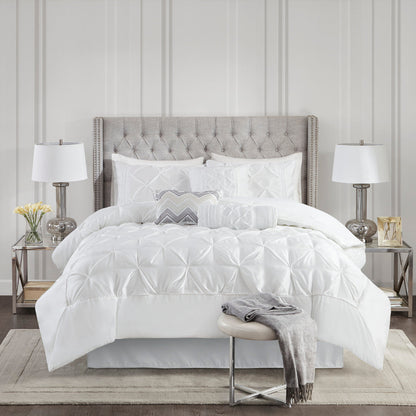 7 Piece Tufted Comforter Set with Hypoallergenic Filling - White