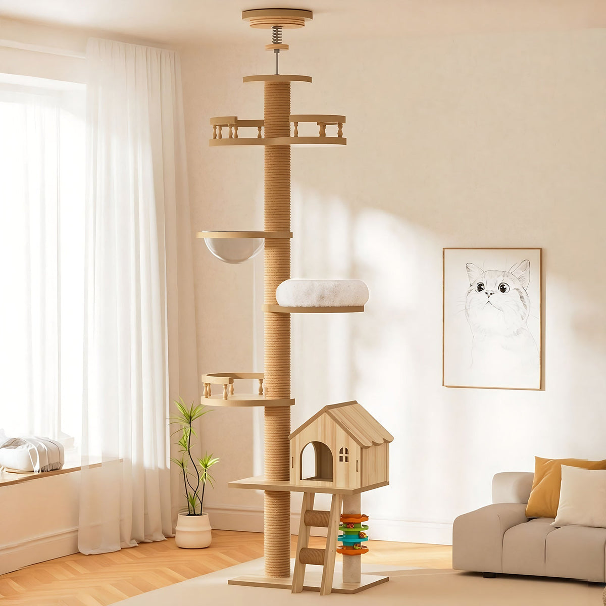 Floor to Ceiling Cat Tree with Wood Condo Cave Bed and Hammock - Adjustable Height