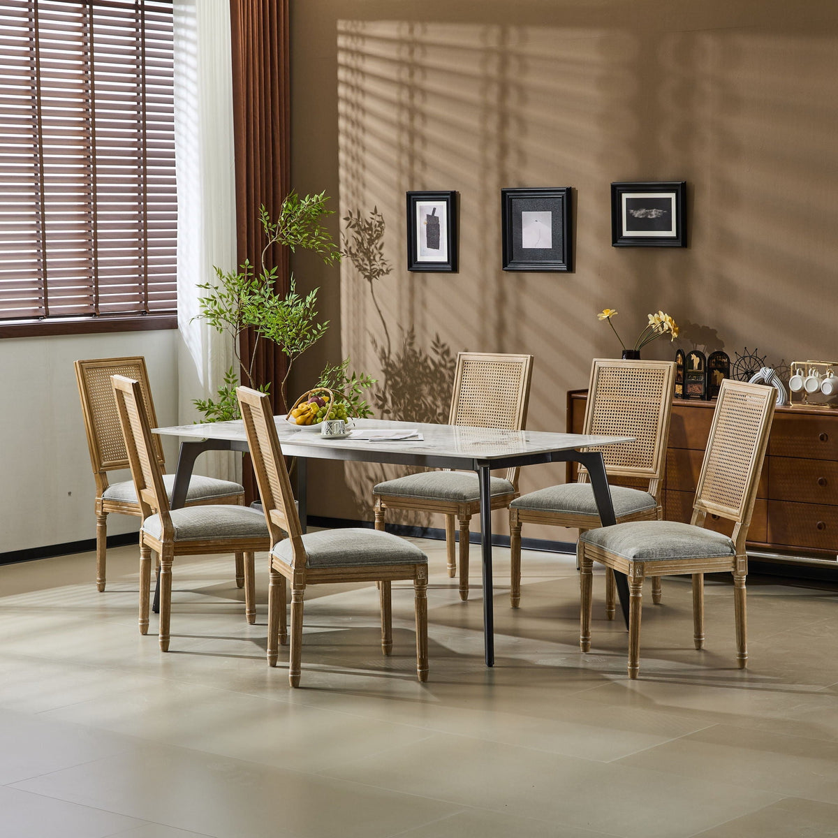 French Country Dining Chair with Rectangular Cane Backrest and Upholstered Seat
