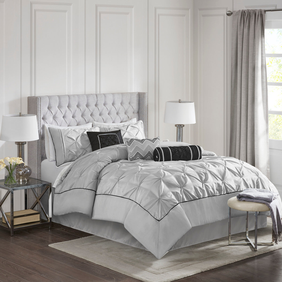 7 Piece Tufted Comforter Set - Grey - California King