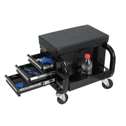 Rolling Creeper Garage Seat with 3 Built-In Drawers - Black
