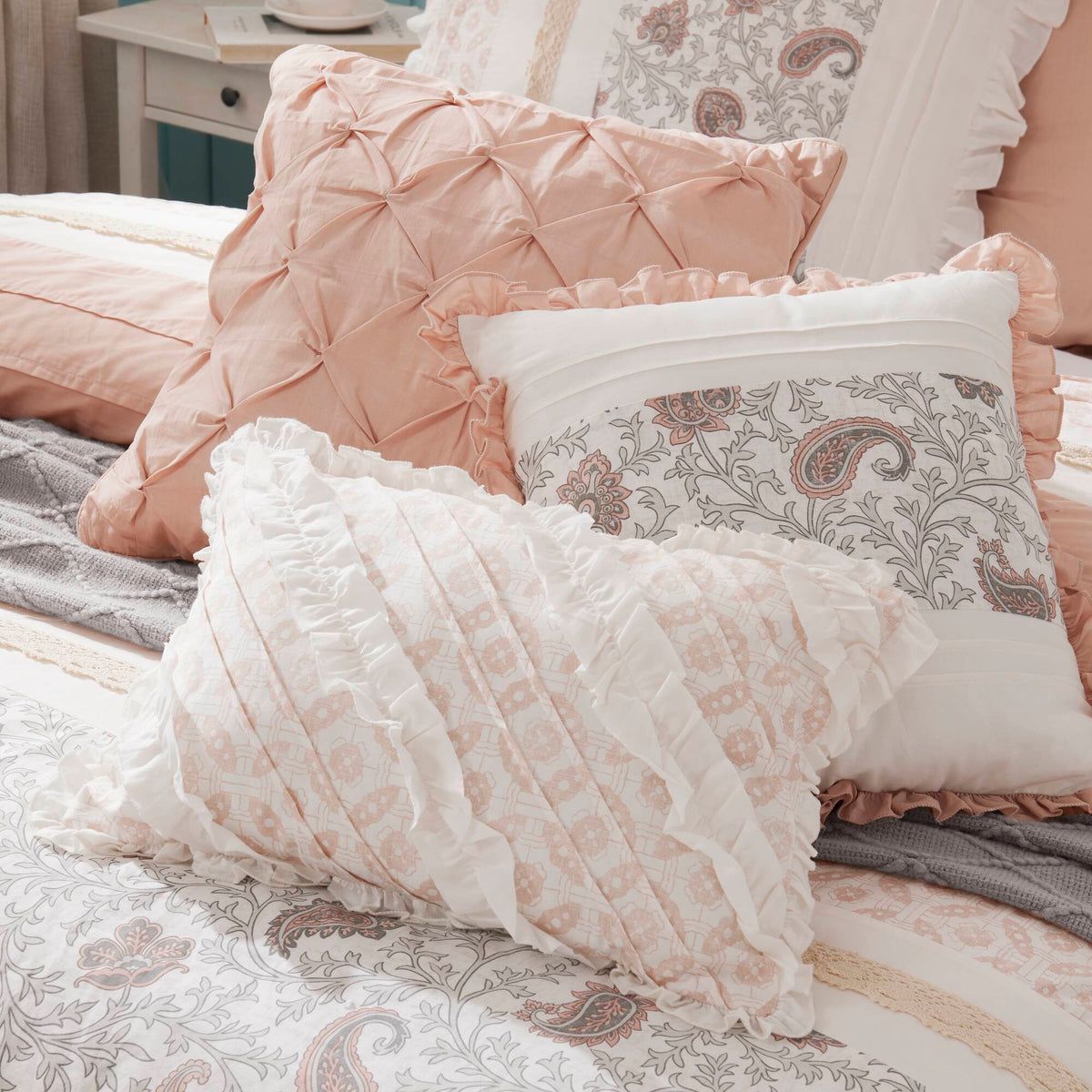 9 Piece Cotton Percale Comforter Set with Decorative Pillows - Blush