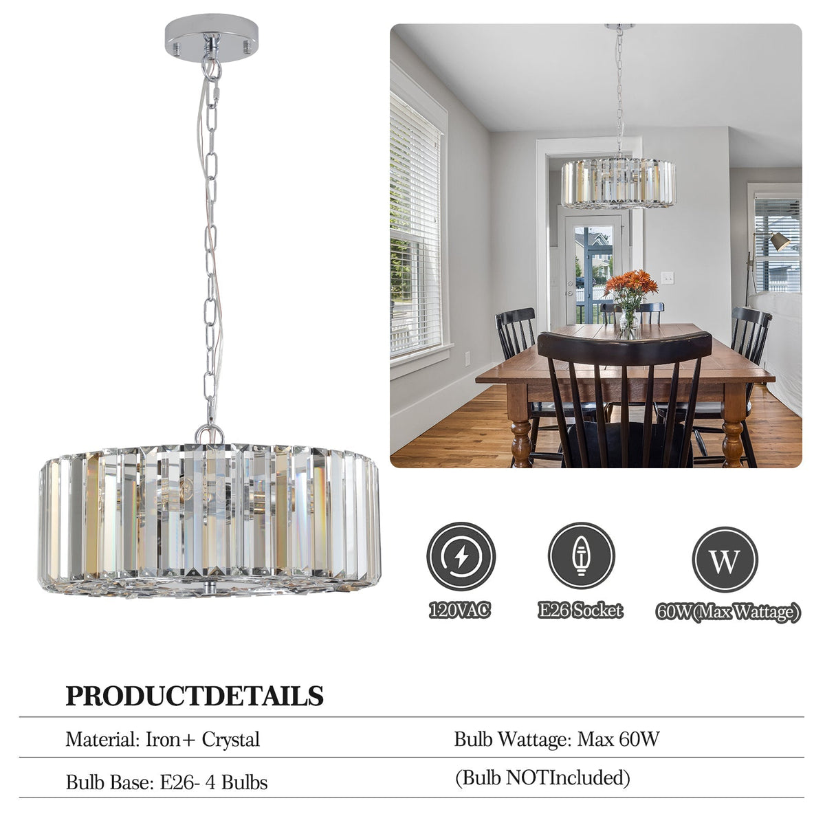 17' Chrome Crystal Pendant Chandelier with Adjustable Height - Transparent
