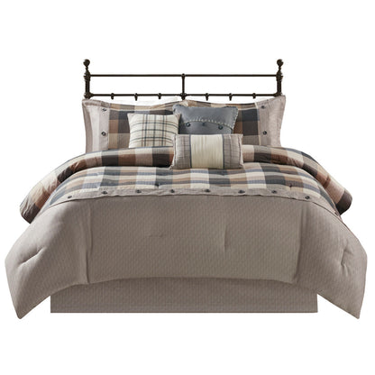 Herringbone Comforter Set with Buffalo Plaid - King, Neutral, 7 Piece