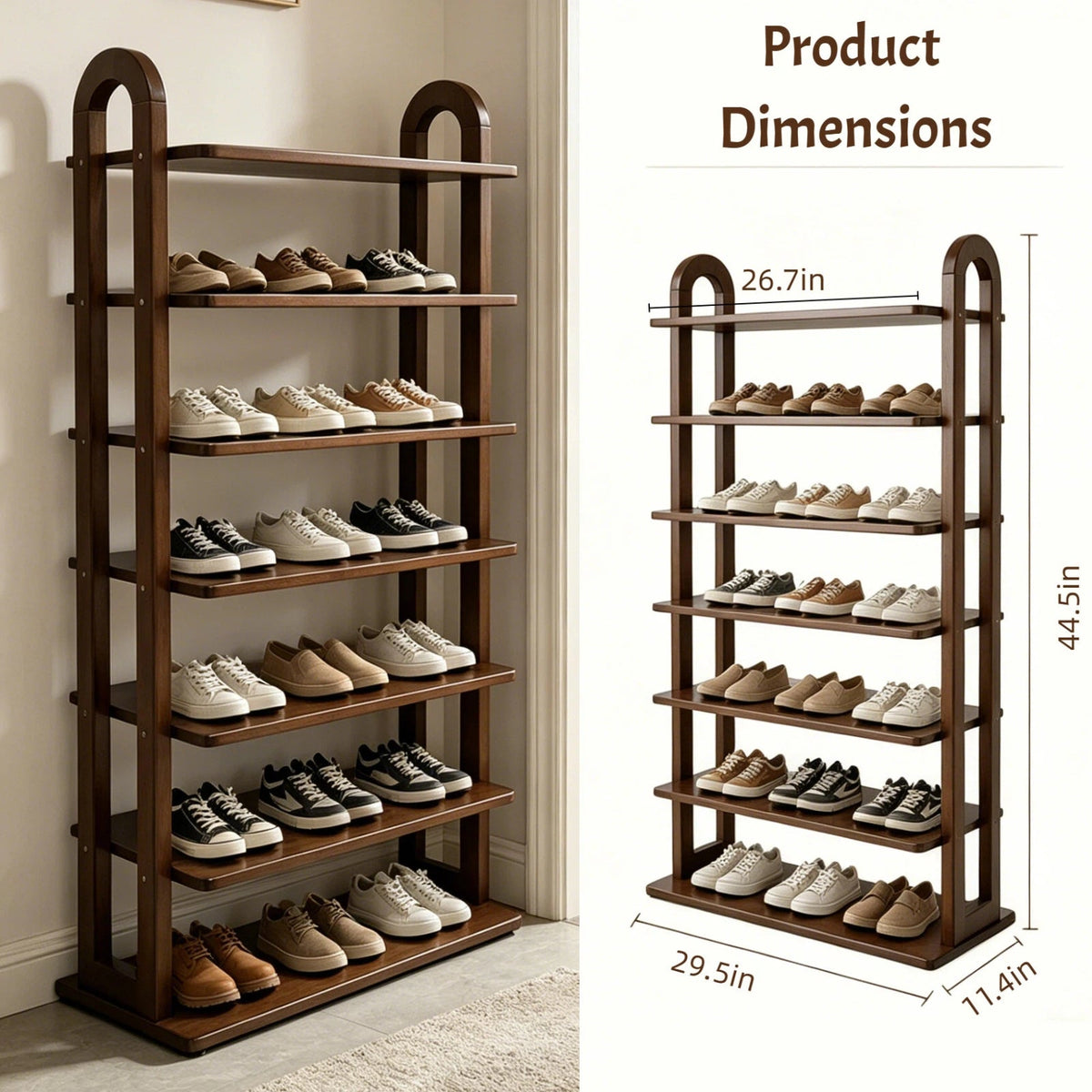 Solid Wood 7-Tier Shoe Rack with Vertical Organizer - Natural Wood