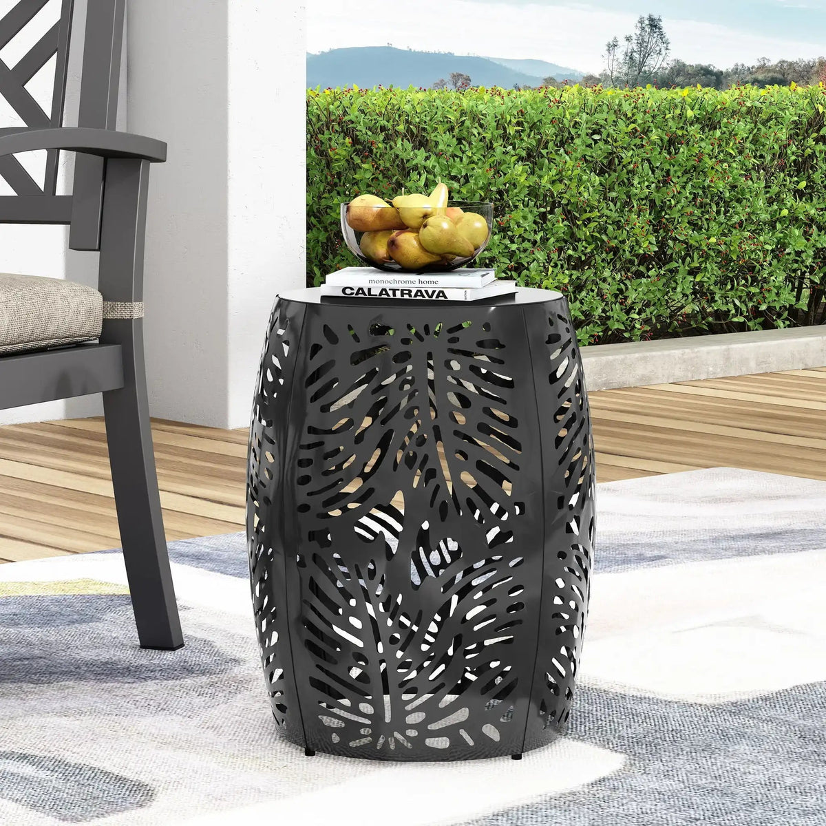 Modern Design Metal End Table with Palm Leaf Cut-Out - White, Black, Blue