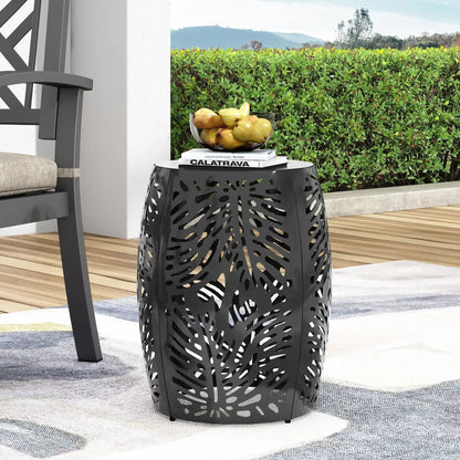 Modern Design Metal End Table with Palm Leaf Cut-Out - White, Black, Blue