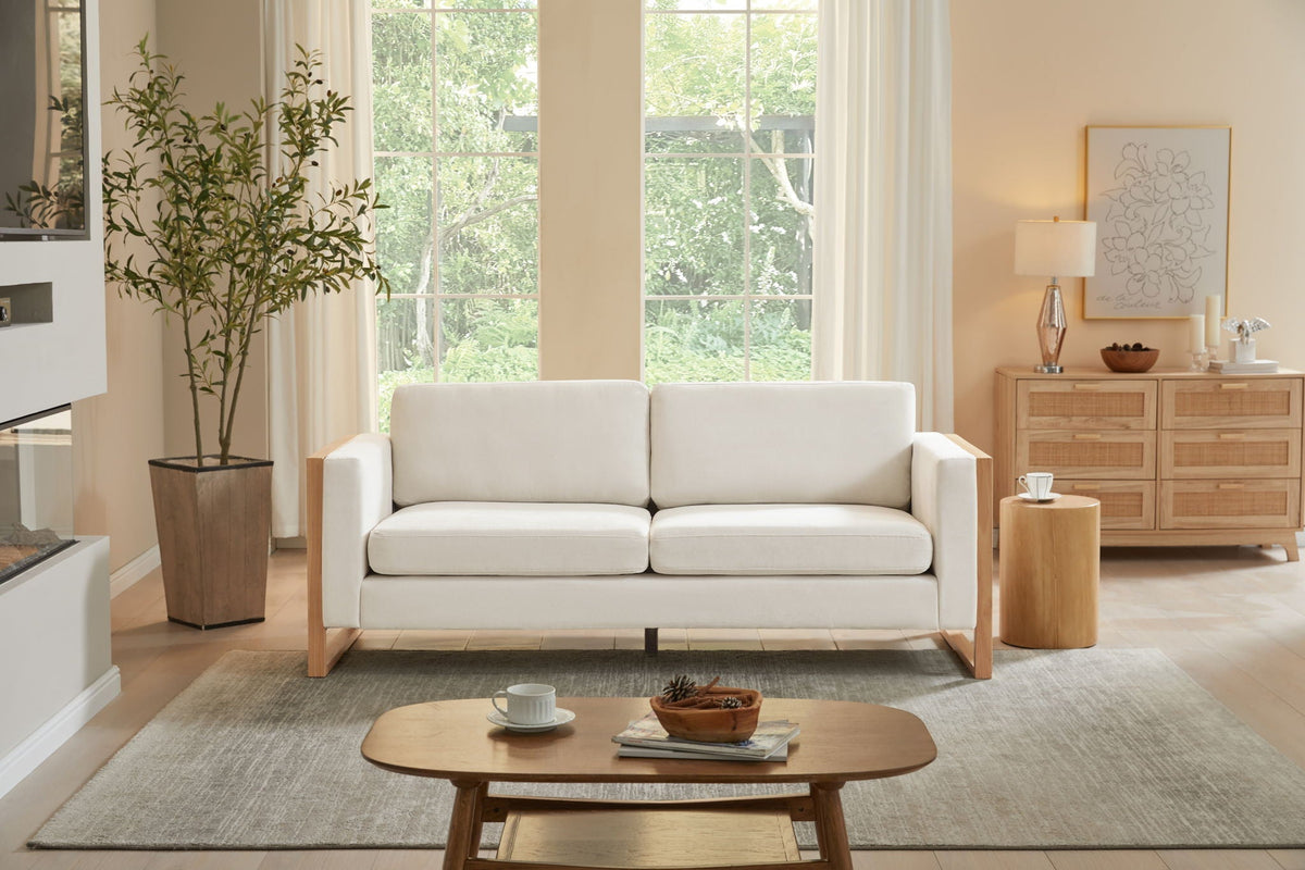 Modern 3-Seater Sofa with Solid Wood Legs - Beige or White