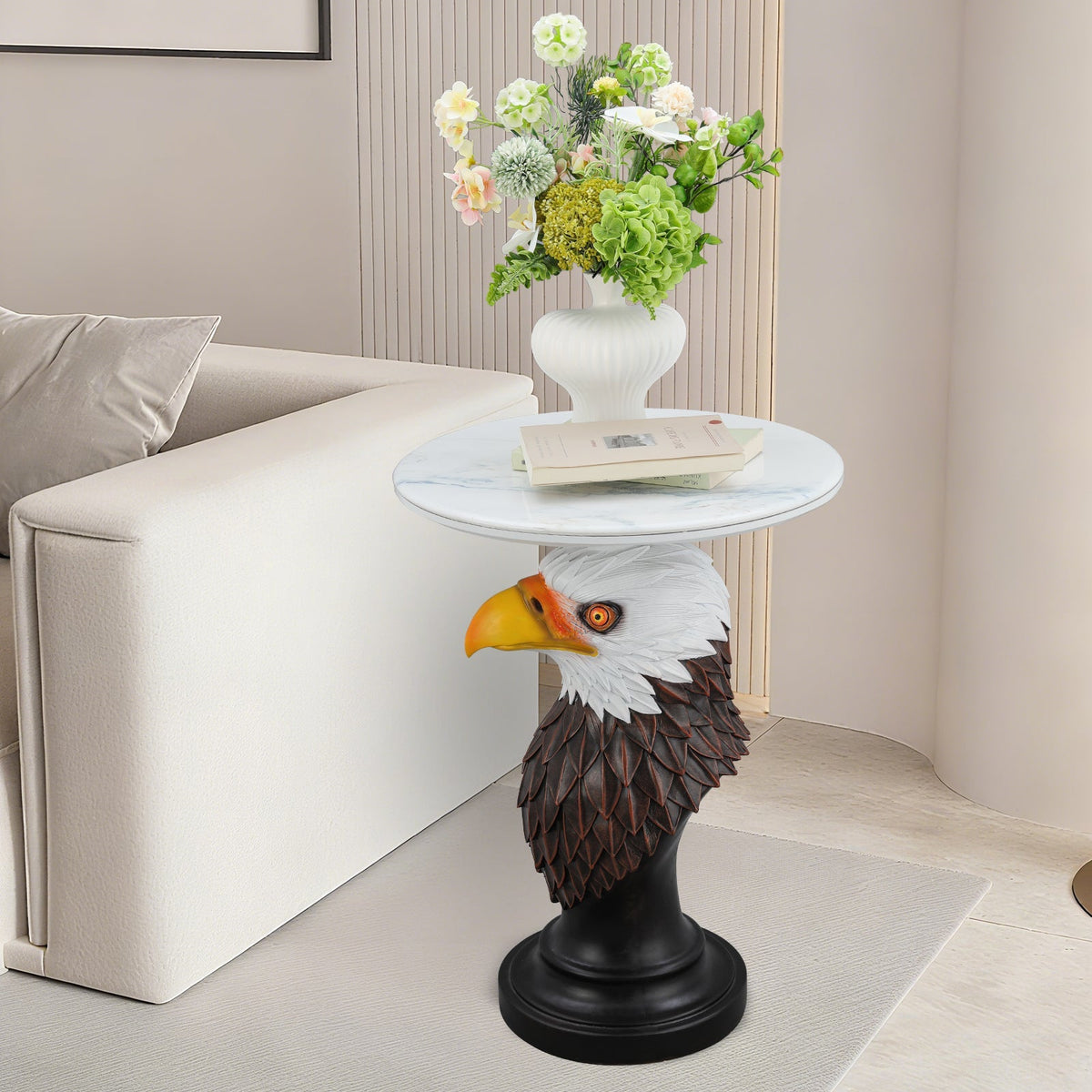 Eagle Head Accent Table with Faux Marble Top - White/Brown
