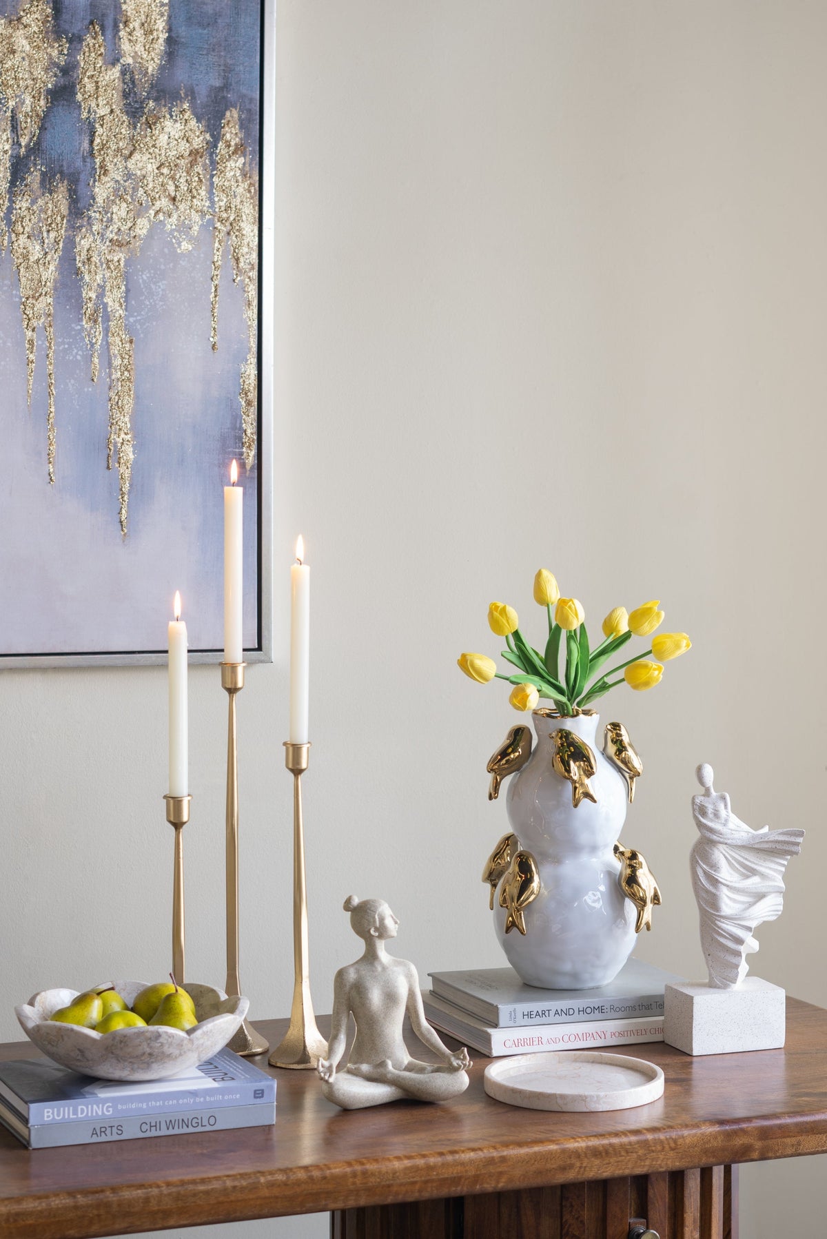 White Two-Tiered Ceramic Vase with Gold Bird Accents - 14" Height