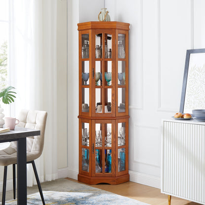 Corner Curio Cabinet with 5 Shelves and Lighting System - Dark Brown or Light Brown