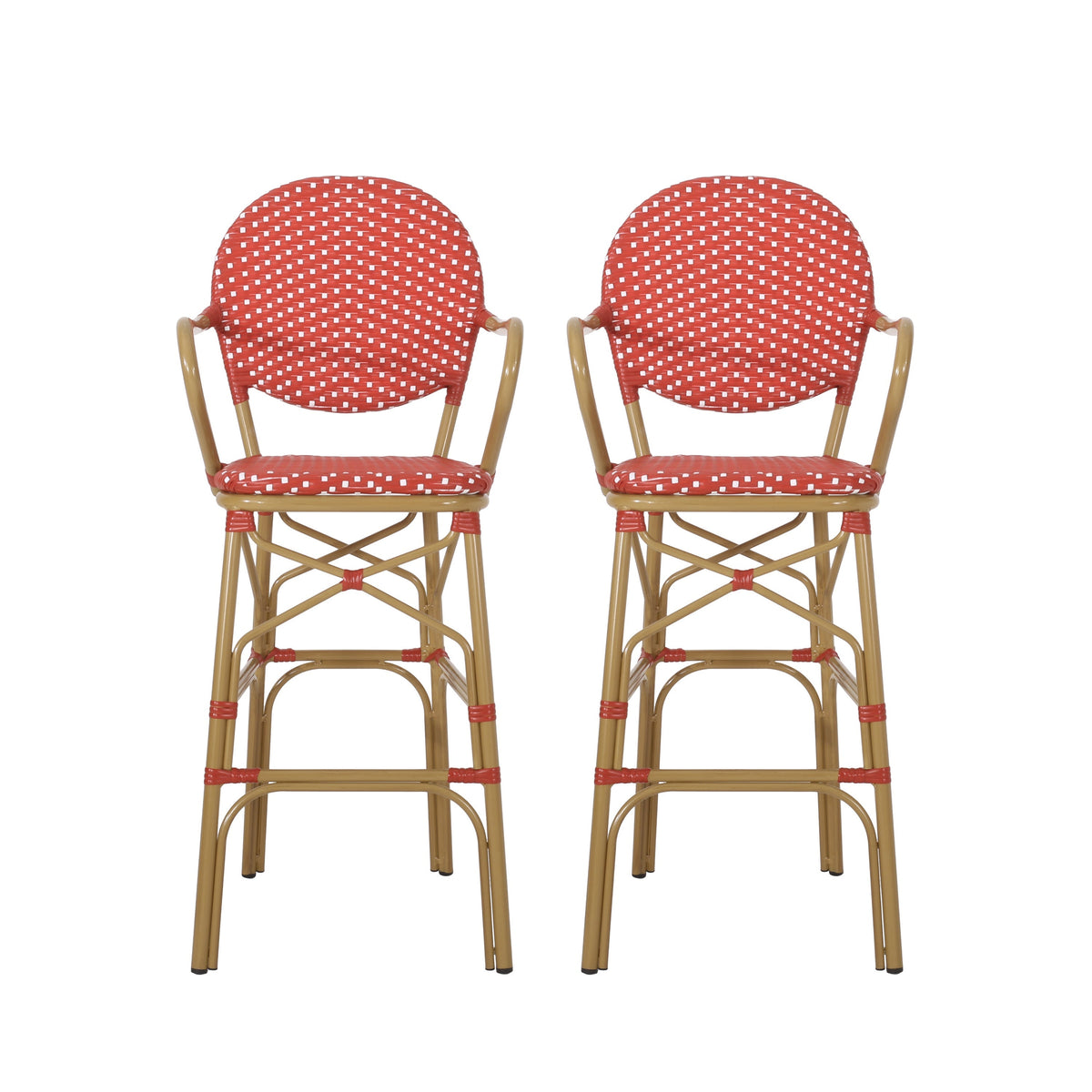 Outdoor Wicker and Aluminum French Barstools, Set of 2 with Rust-Resistant Frame - Natural
