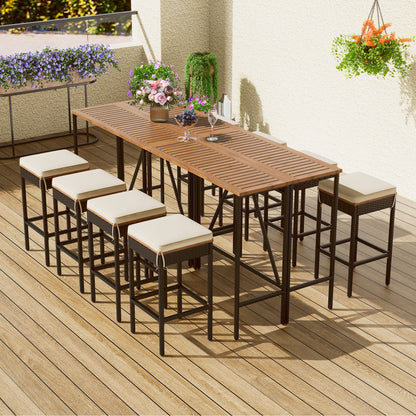 Acacia Wood Outdoor Bar Height Table Set with Cushioned Stools - Light Brown