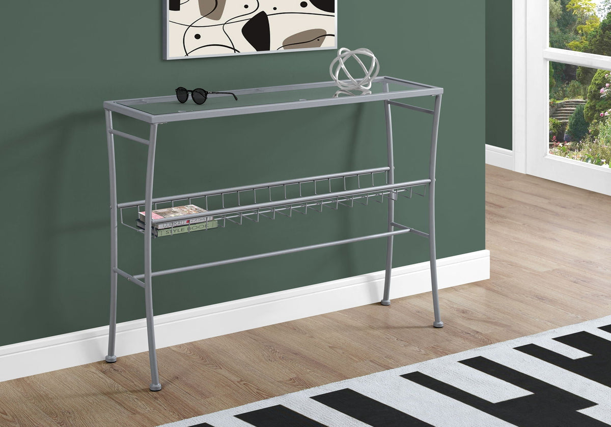 Silver Accent Console Table with Glass Top and Metal Shelf - Contemporary