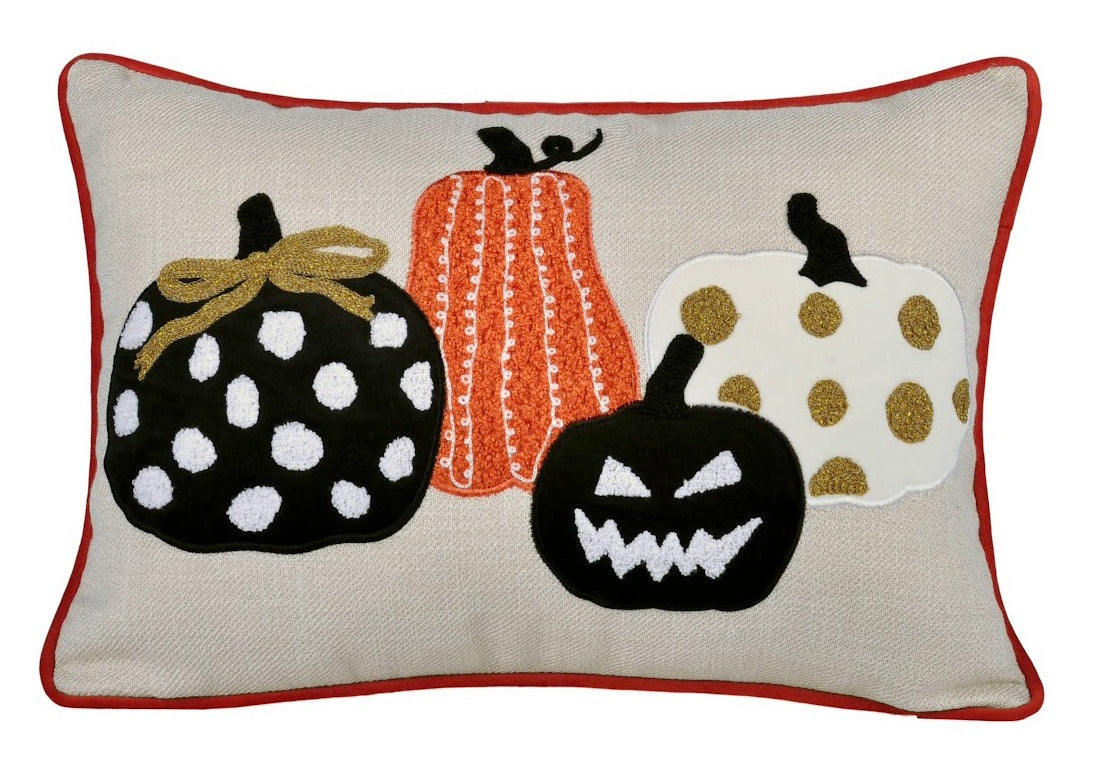 Embroidered Halloween Pumpkin Pillow with Polka Dot Linen – Multicolor