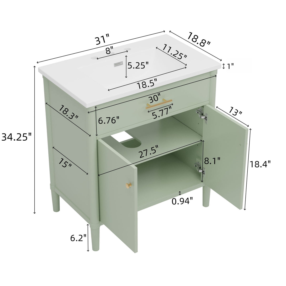 Bathroom Vanity with Sink and Adjustable Shelf - Soft Close Doors - Black, Green, or White