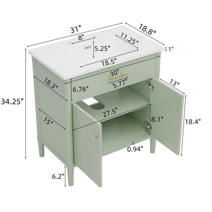 Bathroom Vanity with Sink and Adjustable Shelf - Soft Close Doors - Black, Green, or White