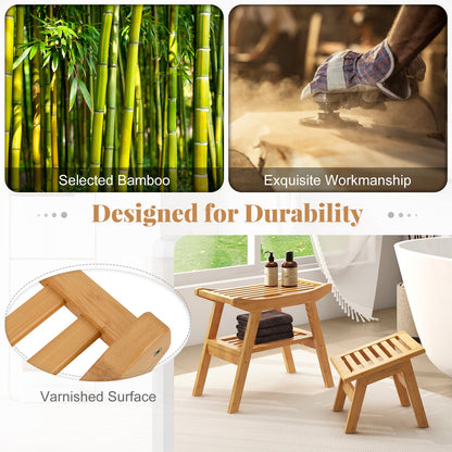 Bamboo Shower Seat Bench with Underneath Storage Shelf-Natural