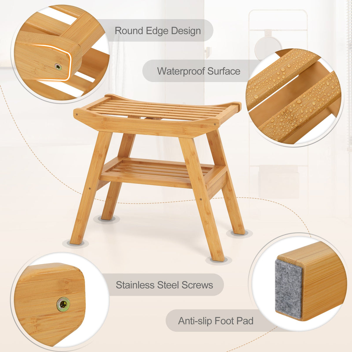 Bamboo Shower Seat Bench with Underneath Storage Shelf-Natural