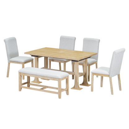 Natural Solid Wood Extendable Dining Set with Bench Seating - 6 Piece