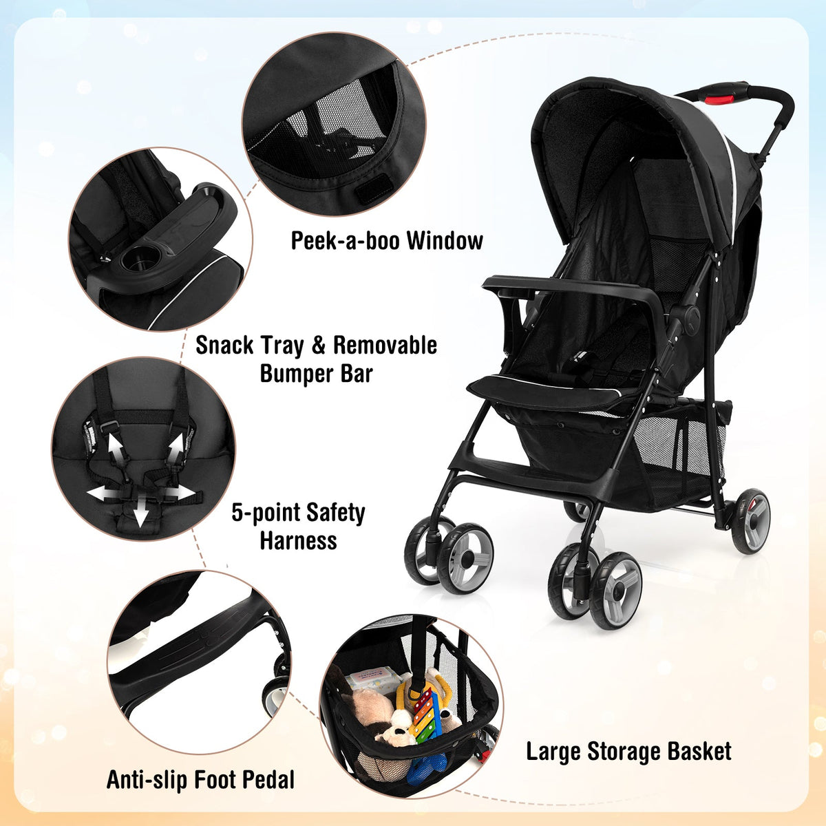 Toddler Travel Stroller for Airplane with Canopy and Adjustable Backrest-Black