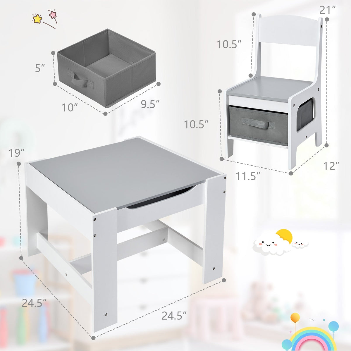 Kids Table Chairs Set With Storage Boxes Blackboard Whiteboard Drawing