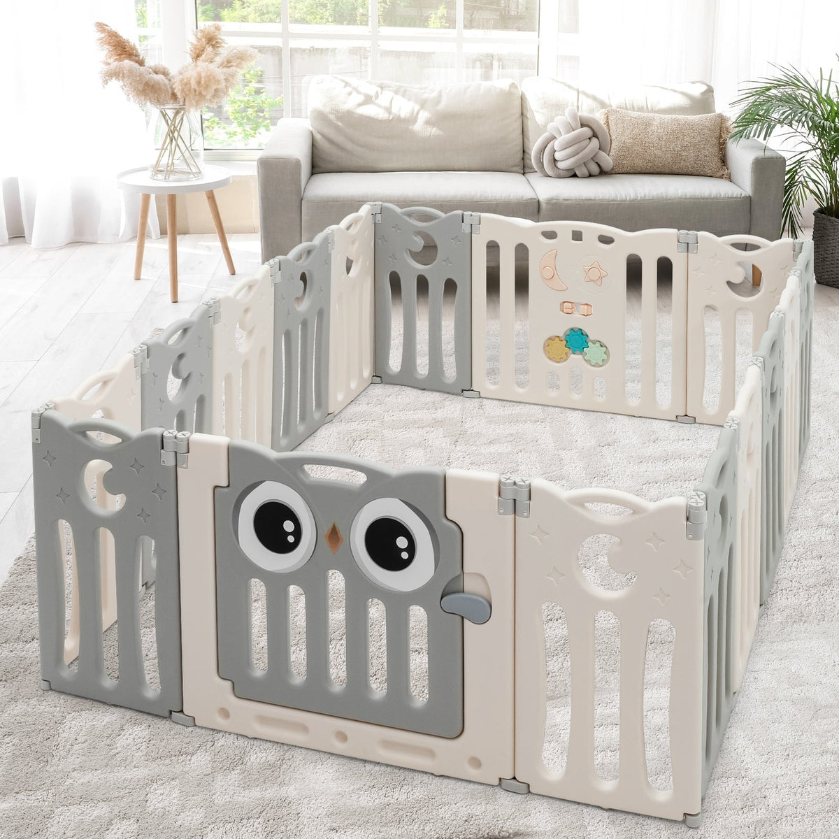 16-Panel Baby Activity Center Play Yard with Lock Door -Beige