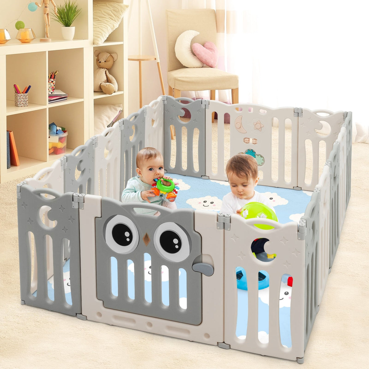 16-Panel Baby Activity Center Play Yard with Lock Door -Beige