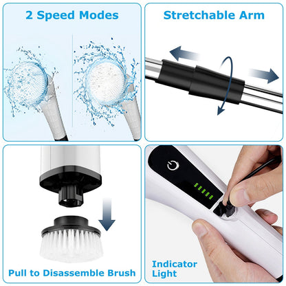 Electric Spin Scrubber Cordless Rechargeable Telescopic Cleaning Brush 8 Replaceable Heads 2 Speed Adjustable Extension Arm Bathroom Tub Tile Floor
