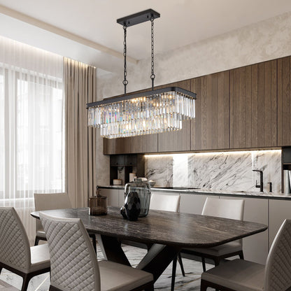 Rectangular Crystal Chandelier with Adjustable Height - Black Iron & Crystal