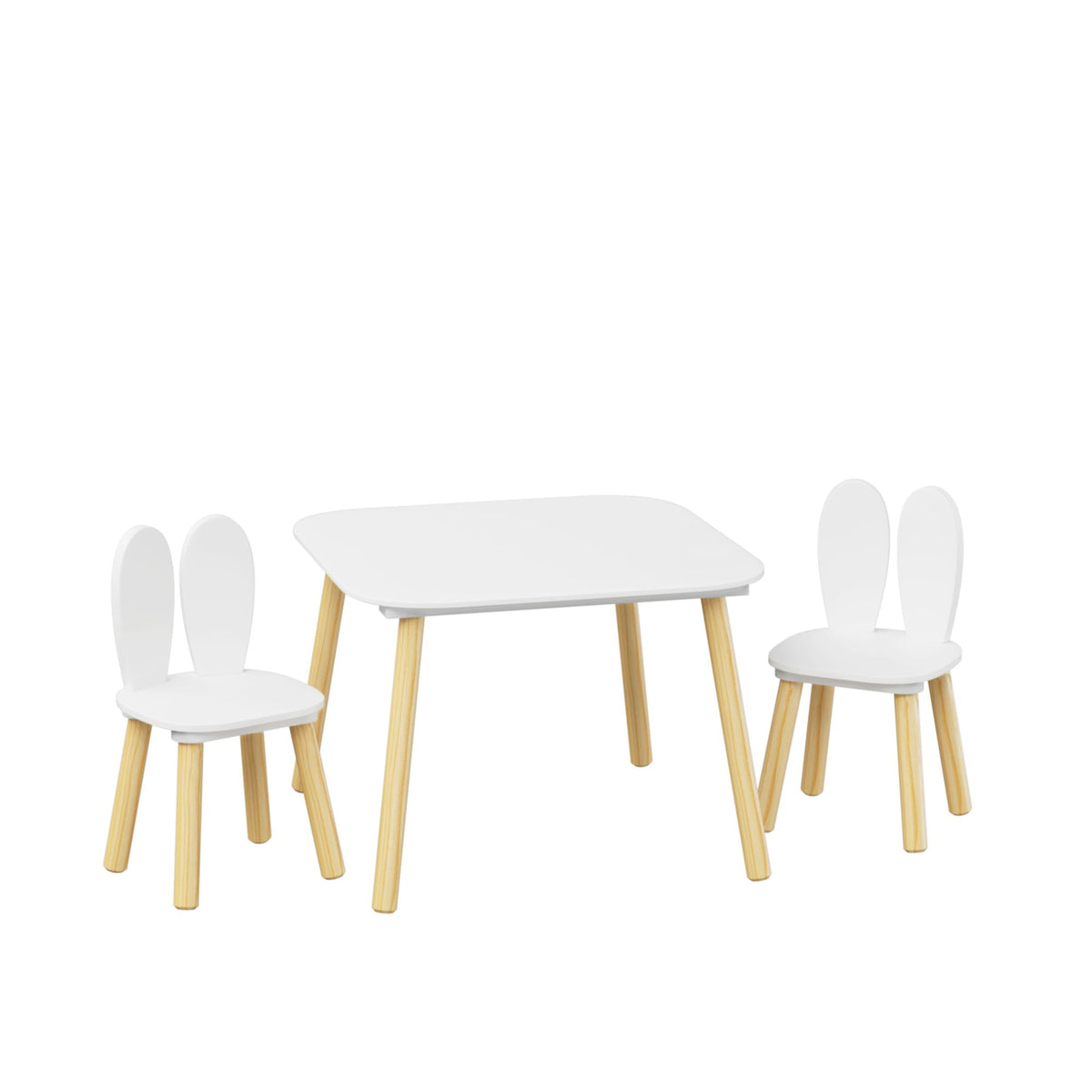 Rabbit Themed Kids Table and 2 Chairs Set with Rounded Corners - White