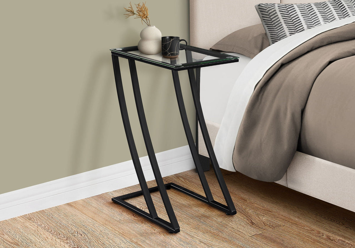 C-Shaped Accent Table with Glass Top and Metal Frame - Black or Gray