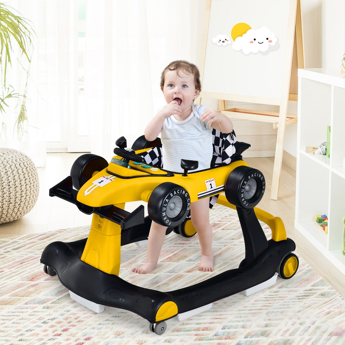4-in-1 Foldable Activity Push Walker with Adjustable Height-Yellow