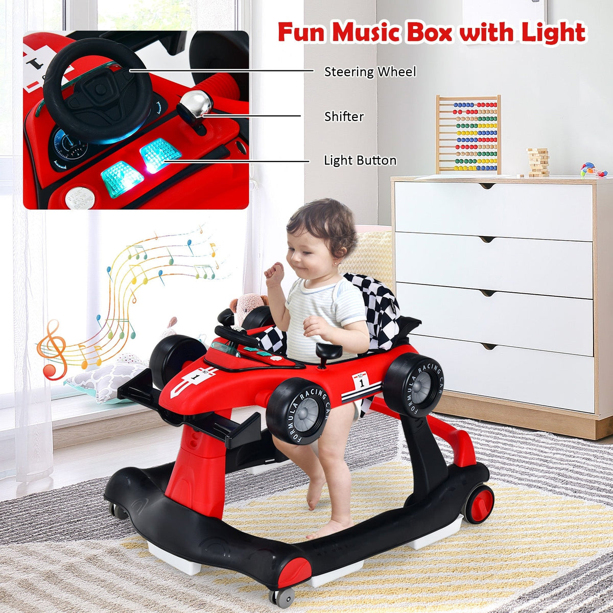 4-in-1 Foldable Activity Push Walker with Adjustable Height-Red