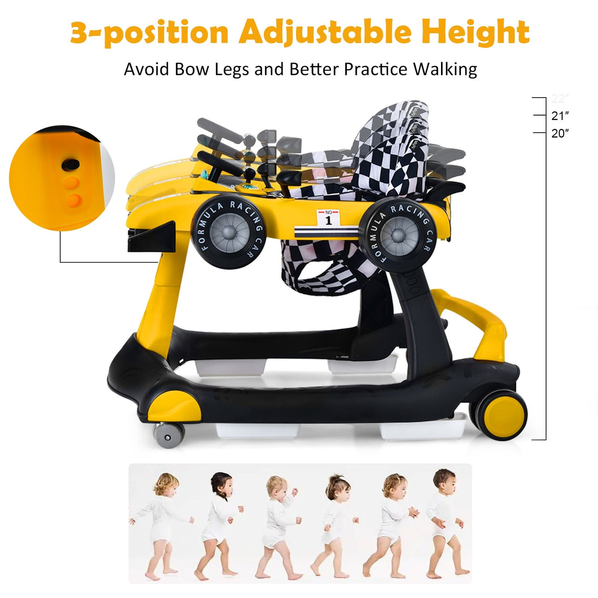 4-in-1 Foldable Activity Push Walker with Adjustable Height-Yellow