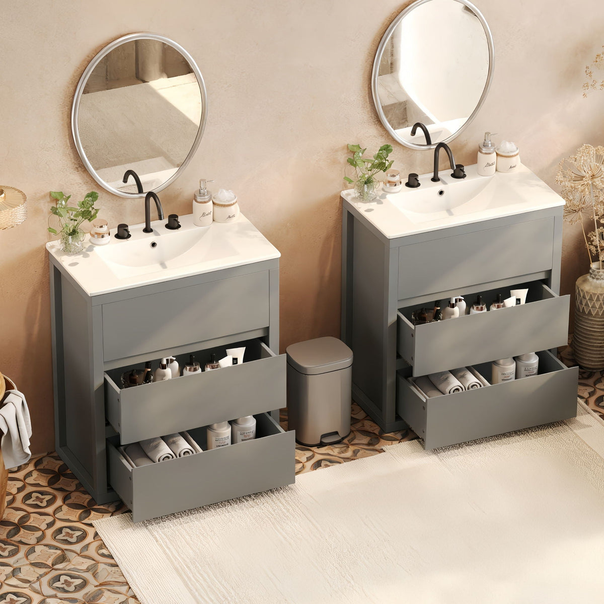Double Sinks Bathroom Vanity Set with Ceramic Basins - Wood