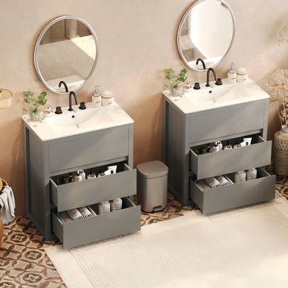 Double Sinks Bathroom Vanity Set with Ceramic Basins - Wood