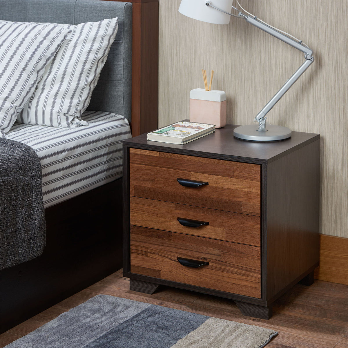 Walnut Espresso Accent Nightstand with Three Drawers - Dark Brown