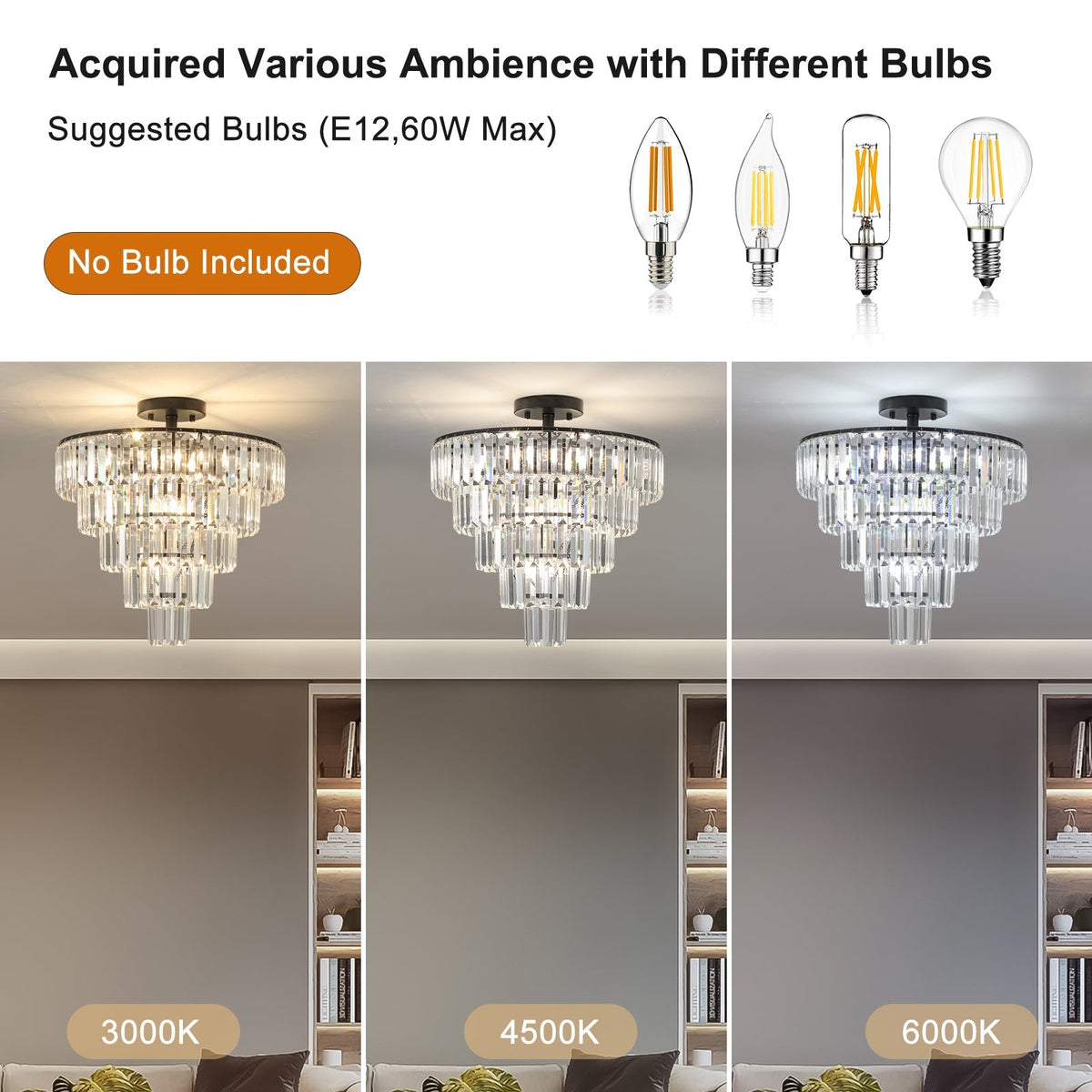 20" Black Crystal Chandelier with 10-Light Flush Mount - Black