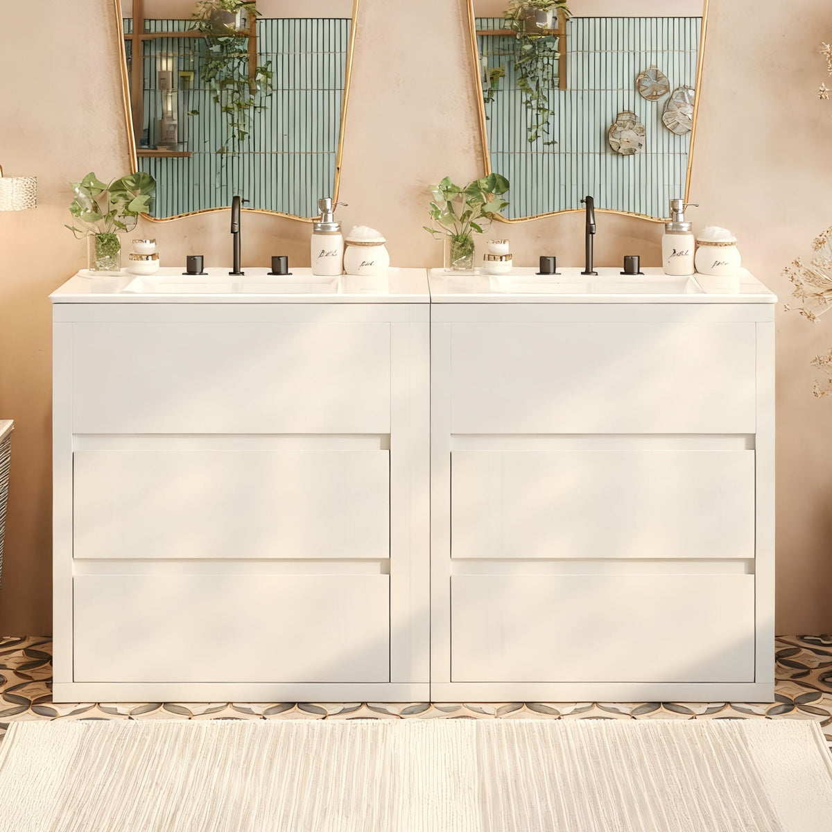 Double Sinks Bathroom Vanity Set with Ceramic Basins - Wood